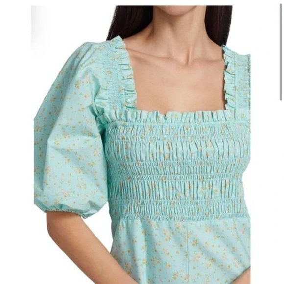 Ganni Smocked Corydalis Blue Printed Cotton Poplin Mini Dress - Picture 3 of 6